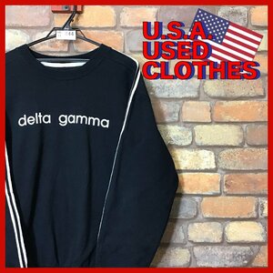 ME11-844★状態良好★USA直輸入★【delta gamma】袖ライン プリントロゴ スウェットシャツ【L】ブラック トレーナー USA古着 スポーツ