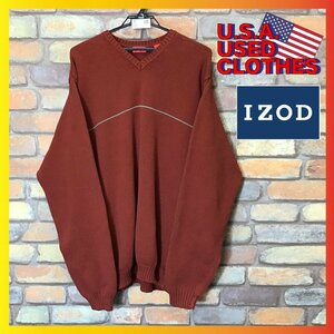 ME8-138★USA購入&ビッグサイズ★正規品【IZOD アイゾッド】センターライン Vネック セーター【メンズ XL】レンガ色 コットンニット ゴルフ