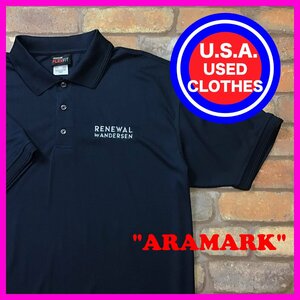 ME12-358★USA古着★【aramark】企業物 胸刺繍 チェック柄 メッシュ 半袖ポロシャツ【メンズ 1XLR】ネイビー ゴルフ モード アメカジ OLD