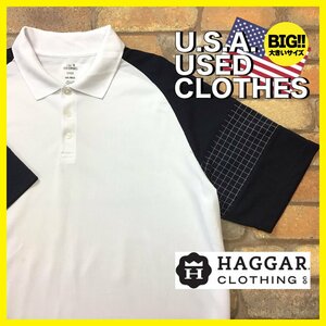 ME12-350★USA買付品★オーバーサイズ【HAGGAR】COOL18 袖切替 チェック 半袖ポロシャツ【メンズ XXL】ホワイト ゴルフ ワーク スポーツ