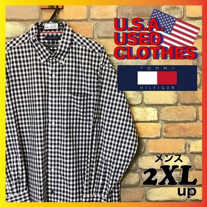 ME6-159★USA直輸入★美USED【TOMMY HILFIGER トミーヒルフィガー】チェック柄 長袖シャツ【メンズ 2XL】白 紺 エンジ きれいめ ゆるだぼ