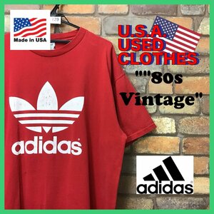 ME12-129★USA古着★80s★USA製【ADIDAS アディダス】良ダメージ ロゴ両面プリントTシャツ【メンズ XL】レッド アメカジ ビンテージ OLD