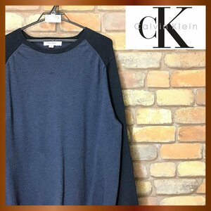 ME8-325★正規品&USA買付品★【Calvin Klein カルバンクライン】無地 ラグラン コットンセーター【メンズ L】紺 ネイビー ニット 2トーン