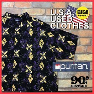 MS1-046★USA古着★オーバーサイズ【puritan】90s ヴィンテージ 幾何学柄 半袖 総柄シャツ【メンズ 3XL】ブラック アロハ アメカジ モード