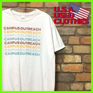 ME11-098★格安★GOODデザイン!!★【CAMPUS OUTREACH】白 ロゴプリント 半袖 Tシャツ【メンズ L】USA古着 カレッジ カラフル テキストロゴ