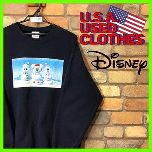 ME11-636★USA古着★海外オフィシャル★【Disney ディズニー】ミッキー&ドナルド&グーフィー 雪だるま スウェット【L】紺 トレーナー