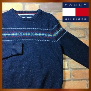 ME8-410★USA古着★正規品★良柄★【TOMMY HILFIGER】左袖ミニ刺繍ロゴ ネップセーター【レディース M】紺 ノルディック柄 ネイティブ 柄