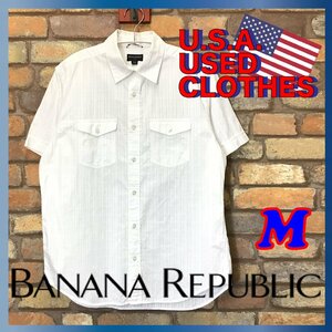 ME11-219★アメリカ買付品★【BANANA REPUBLIC バナリパ】チェック 半袖シャツ【メンズ M】ホワイト 白 USA古着 アメカジ