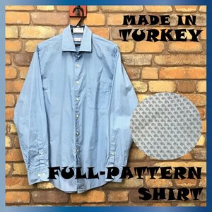 ME9-847★USA買付商品★状態◎★ブルー系【PETER MILLAR】MADE IN TRUKEY オールコットン 総柄シャツ【メンズ L】長袖 ドレス ユーロ 古着