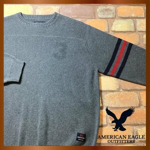 ME8-630★USA買付品★【AMERICAN EAGLE アメリカンイーグル】袖ラインデザイン セーター【メンズ S】灰 グレー コットンニット 裾タグ