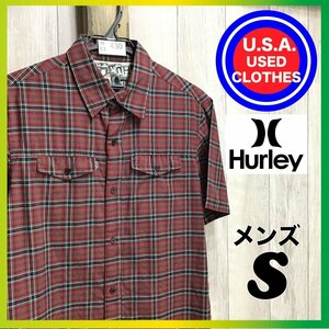 ME3-460★USA直輸入!!★状態良好★【Hurley ハーレー】2ポケット チェック 半袖 ワークシャツ【メンズ S】レッド 赤 USA古着 サーフ