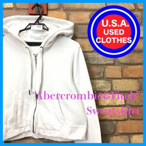 ME11-788★やや訳有格安★USA古着★正規品★【Abercrombie&Fitch アバクロ】ショート丈 フルジップ パーカー スウェット【レディース L】白