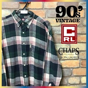 ME8-935★90's 旧タグ★USA直輸入品★【CHAPS RALPH LAUREN ラルフローレン】好配色 チェック 長袖 ボタンダウン ネルシャツ【メンズ L】