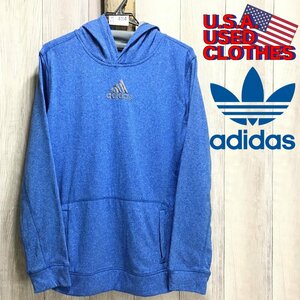 ME5-484★海外モデル★良品＆正規品★【adidas アディダス】青×白ミックス 豪華刺繍ロゴ プルオーバー パーカー【レディース XL】軽量保温