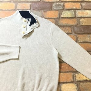 ME6-611★USA仕入★大文字タグ★【NAUTICA ノーティカ】刺繍ロゴ 天竺編み ヘンリーネック セーター【メンズ L】アイボリー ニット 厚手