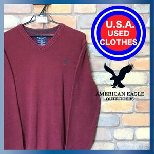 ME6-869★アメリカ古着★【AMERICAN EAGLE アメリカンイーグル】 胸 刺繍ロゴ Vネック コットンセーター【メンズ M】エンジ ニット