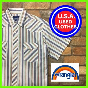 MS1-044★USA買付品★90s【Wrangler】青タグ ヴィンテージ ストライプ 半袖 ウエスタンシャツ【メンズ L程度】ホワイト アメカジ OLD 古着