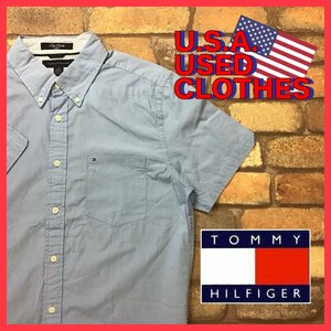 MS1-042★USA古着★状態良好【TOMMY HILFIGER】胸ポケット ワンポイントロゴ 半袖シャツ【メンズ L】ブルー ワーク アメカジ ストリート