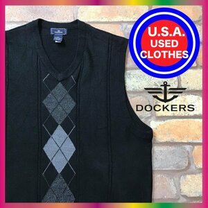 ME8-800★国内未発売★美品★【DOCKERS ドッカーズ】アーガイルチェック Vネック アクリル ニットベスト【メンズ M】黒 ゴルフ 古着