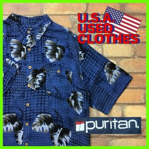 MS1-018★USA古着★90s【puritan】リーフ 幾何学 総柄 レーヨン 半袖 アロハシャツ【メンズ XL】ブルー アメカジ レプリカ ビンテージ OLD