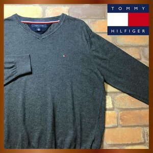 ME8-720★状態良好★USA買付商品★【TOMMY HILFIGER】刺繍ロゴ Vネック セーター【メンズ L】チャコールグレー USA古着 ニット アメカジ