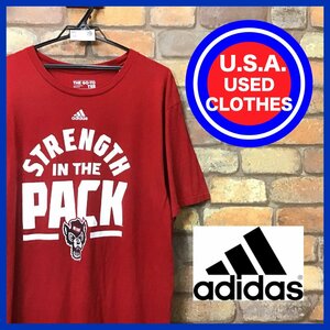 ME12-439★USA古着★美品★【ADIDAS アディダス】デカロゴ カレッジプリント Tシャツ【メンズ XL】レッド アメカジ ワーク 大学 アニマル