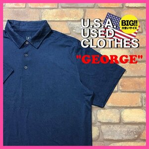 ME12-154★USA古着★オーバーサイズ【GEORGE】腰スリット入 無地 半袖ポロシャツ【メンズ 2XL】ネイビー BIGサイズ ゴルフ アメカジ 古着