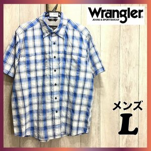 ME3-522★状態良好★USA直輸入!!★ブルー★【Wrangler ラングラー】2ポケット チェック 半袖 ワークシャツ【メンズL】青 古着 アウトドア