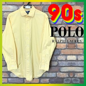 ME9-493★90s OLD品★USA古着【Polo by Ralph Lauren ポロラルフローレン】ピンストライプ BDシャツ【メンズ L】イエロー 黄 長袖シャツ