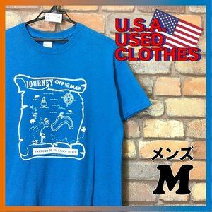 ME4-084★USA直輸入 良品★マッププリント★リリックTシャツ★【JOURNEY OFF THE MAP】青×白 両面プリント 半袖 Tシャツ【メンズ M】古着