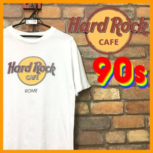 ME10-359★90's★人気都市★状態◎【Hard Rock CAFE】ローマ 定番ロゴ プリント ホワイト Tシャツ【メンズ S】古着 企業 ハードロック