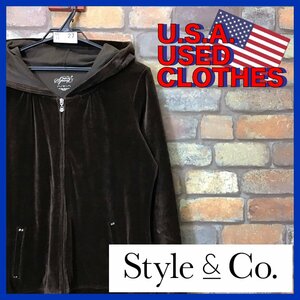 ME11-927★アメリカ買付商品★状態良好★【Style&co. Sport】ジップアップ ベロアパーカー【M】ブラウン USA古着 アメカジ フーディ