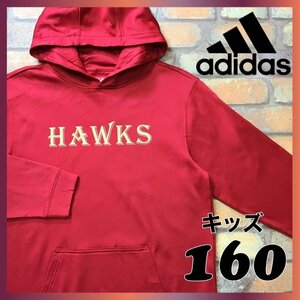 ME5-665★美品★USA限定★【adidas アディダス×ホークス】HAWKSロゴ 裏起毛 プルオーバー パーカー【US ユース XL 160】赤