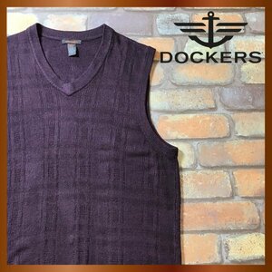 ME8-370★状態良好★USA買付商品★【DOCKERS ドッカーズ】チェック柄 Vネック ニットベスト【メンズ L】パープルブラウン 古着 韓国 ゴルフ