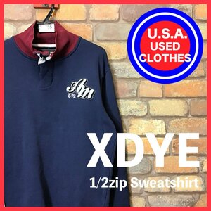 ME11-755★やや訳アリ格安!!★USA古着★正規品★【XDYE】刺繍ワッペン 1/2ジップ スウェットシャツ トレーナー【メンズ L】ネイビー エンジ