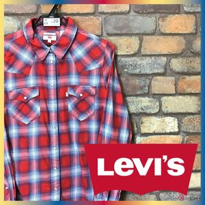 ME9-120★USA直輸入★正規品★【Levi's リーバイス】スナップボタン チェック 長袖 ウエスタンシャツ【メンズ M】赤 薄手 古着 バイク