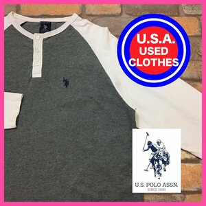 ME11-982★USA限定★レアカラー★【U.S.POLO ASSN】刺繍 ラグランロンT グレー ホワイト【メンズM】ヘンリーネック 長袖Tシャツ ビンテージ