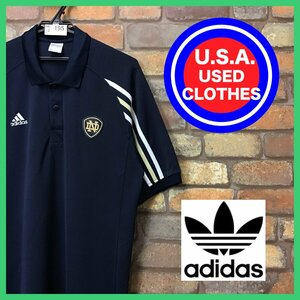 ME12-195★USA古着★【ADIDAS】スリーストライプス 胸ワッペン ラグラン 半袖ポロシャツ【メンズ XL程度】ネイビー カレッジ アメフト