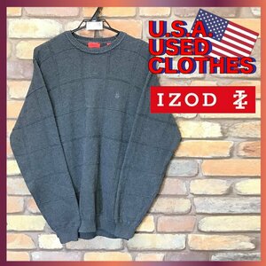 ME7-018★アメリカ古着★【IZOD アイゾッド】胸 刺繍ロゴ 格子柄 コットンセーター/ニット【メンズ M】チャコールグレー 濃灰 ゴルフ