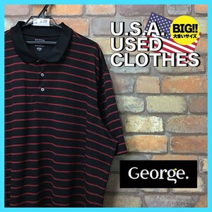 ME12-239★USA古着★超BIGサイズ★美品【GEORGE】黒×赤 ボーダー 半袖ポロシャツ【メンズ 3XL】ブラック ゴルフ ストリート アメカジ