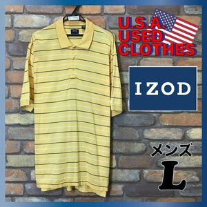 ME4-785★USA買付商品★GOODカラー★イエロー【IZOD アイゾッド】マルチボーダー 半袖 ポロシャツ【メンズ L】USA古着 大きめサイズ ゴルフ