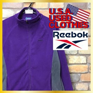 ME7-133★アメリカ古着★良品【Reebok リーボック】胸・刺繍ロゴ ジップアップ フリースジャケット【レディース L】紫×灰 保温・着心地◎