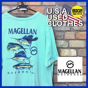 ME12-552★USA古着★BIGサイズ【MAGELLAN OUTDOOR】胸ロゴ フィッシュプリント Tシャツ【メンズ 2XL】ミントグリーン アメカジ バクプリ