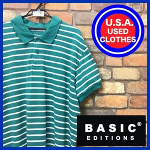 ME12-581★US古着★格安 訳あり【BASIC EDITIONS】カノコ生地 半袖 ボーダー ポロシャツ【メンズ 2X】緑×白 アメカジ ゴルフ ビッグサイズ