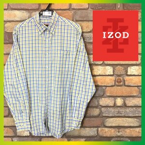 ME9-496★訳あり 格安★ブルー×イエロー★USA古着【IZOD アイゾッド】チェック ポプリンBDシャツ【メンズ M】薄手 長袖 ゴルフ コットン