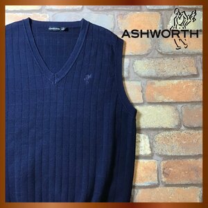 ME8-547★USA直輸入◎ジャストサイズ★【Ashworth アシュワース】ストライプ調 刺繍ロゴ Vネック ニットベスト【メンズ M】ネイビー ゴルフ