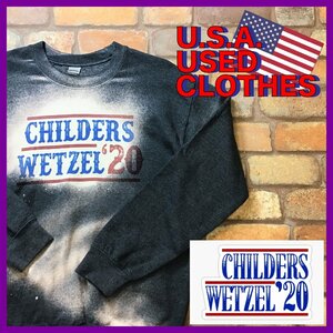 ME11-851★USA買付商品★状態良好★【CHILDERS WETZEL チルダーズ・ウェッツェル】ブリーチ加工 スウェットシャツ【S】灰紺 USA古着