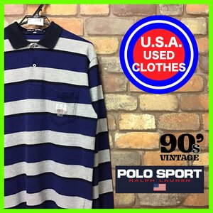 ME12-324★USA買付品★人気★【POLO SPORTS】90s 香港製 太ボーダー 刺繍ロゴ 長袖ポロシャツ【メンズ M】ブルー ラルフローレン OLD