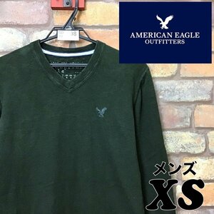 SD11-098★訳あり 格安!!★USA買付商品★【American Eagle アメリカンイーグル】Vネック コットンセーター【メンズ XS】緑 ニット USA古着