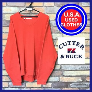 ME6-857★USA古着★ゆったりサイズ【CUTTER&BUCK カッター&バック】袖 アップリケロゴ Vネック スウェット【メンズ L】朱色 ゴルフ